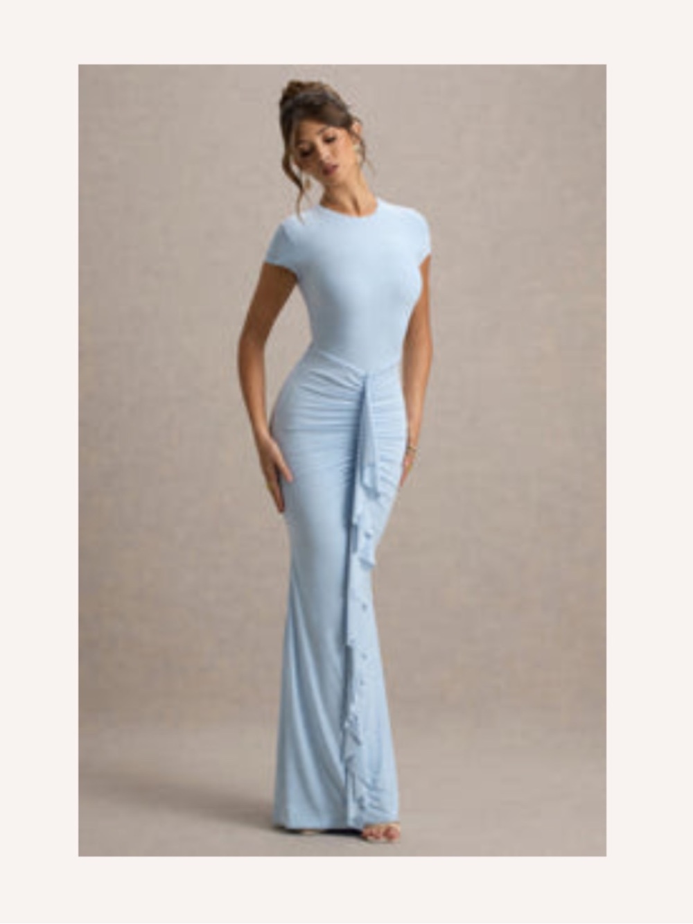 Club L London Light Blue Ruched Maxi Dress with Cascade Ruffle - Picture 2 of 2
